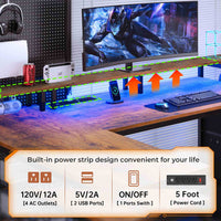 Sikaic Gaming Desk 67 Inches Reversible L Shaped Gaming Desk with Power Outlet LED Lights & Drawers Storage Shelves Rustic Brown