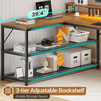 Sikaic Gaming Desk 67 Inches Reversible L Shaped Gaming Desk with Power Outlet LED Lights & Drawers Storage Shelves Rustic Brown