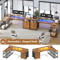 Sikaic Gaming Desk 67 Inches Reversible L Shaped Gaming Desk with Power Outlet LED Lights & Drawers Storage Shelves Rustic Brown