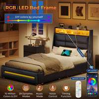 Sikaic Bed Frame Twin Size 4 Storage Drawers LED Bed Frame with Charging Station Black