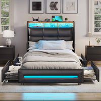 Sikaic Bed Frame Twin Size 4 Storage Drawers LED Bed Frame with Charging Station Black