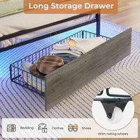 Sikaic Bed Frame Twin Bed Frame with Upholstered Storage Headboard and LED Lights Charging Station & Drawers Grey and Black