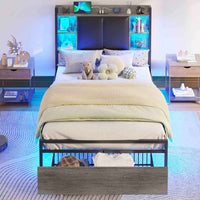 Sikaic Bed Frame Twin Bed Frame with Upholstered Storage Headboard and LED Lights Charging Station & Drawers Grey and Black