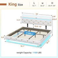 Sikaic Bed Frame Floating LED Bed Frame with Outlets Leather Upholstered Headboard White