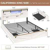 Sikaic Bed Frame LED Farmhouse Wooden Platform Bed Frame With Charging Station 2 Drawers & Storage Headboard Sliding Barn Door White