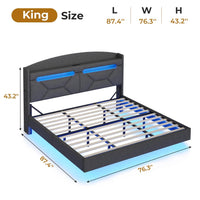 Sikaic Bed Frame LED Floating Bed Frame with Charging Station Hidden Storage Dark Grey