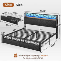 Sikaic Bed Frame LED Metal Bed Frame Storage Headboard with Charging Station Black