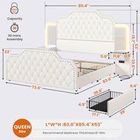 Sikaic Bed Frame PU Leather Upholstered Led Bed Frame with Storage Drawers Outlets & Nightstands White
