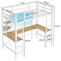 Sikaic Bed Frame LED Loft Metal Twin Size Bed Frame with U Shaped Desk Charging Station Drawers Storage Shelves and Safety Guard & Ladder No Box Spring Needed White