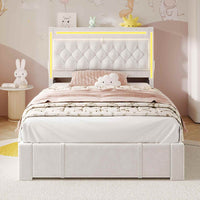 Sikaic Bed Frame Twin Size Upholstered LED Bed Frame Beige Beige / Engineered Wood / Modern