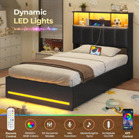 Sikaic Bed Frame Twin Size Bed Frame with Bookcase Headboard and Charging Station Black Black / Engineered Wood / Modern