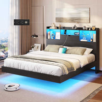 Sikaic Bed Frame Full Floating Bed Frame with LED Lights and Headboard Storage Black Black / Full / Engineered Wood