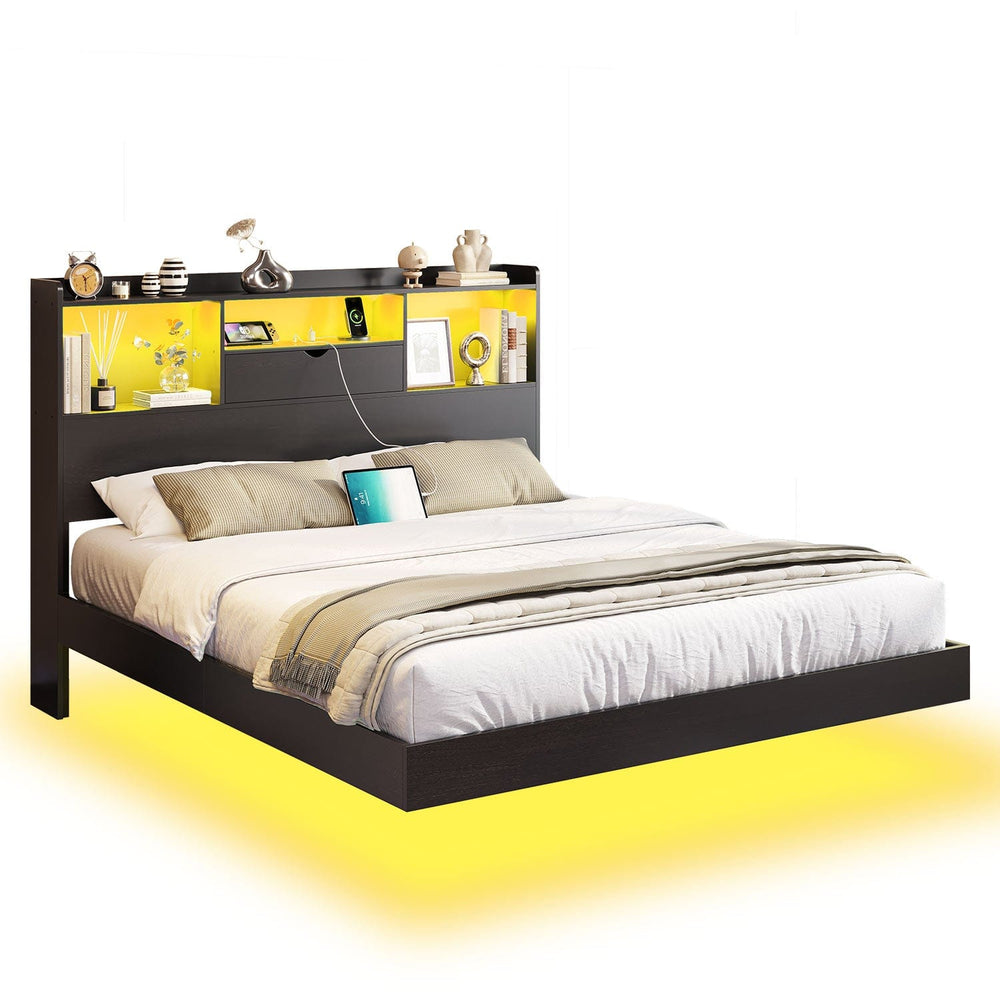 Sikaic Bed Frame Full Floating Bed Frame with LED Lights and Headboard Storage Black Black / Full / Engineered Wood
