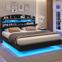 Sikaic Bed Frame RGB LED Floating Platform Bed Frame with Type-C Charging Station & Storage Headboard No Box Spring Needed PU Black Black / Full Size / PU Leather