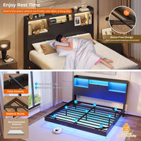 Sikaic Bed Frame King Floating Bed Frame with LED Lights and Headboard Storage Black Black / King / Engineered Wood