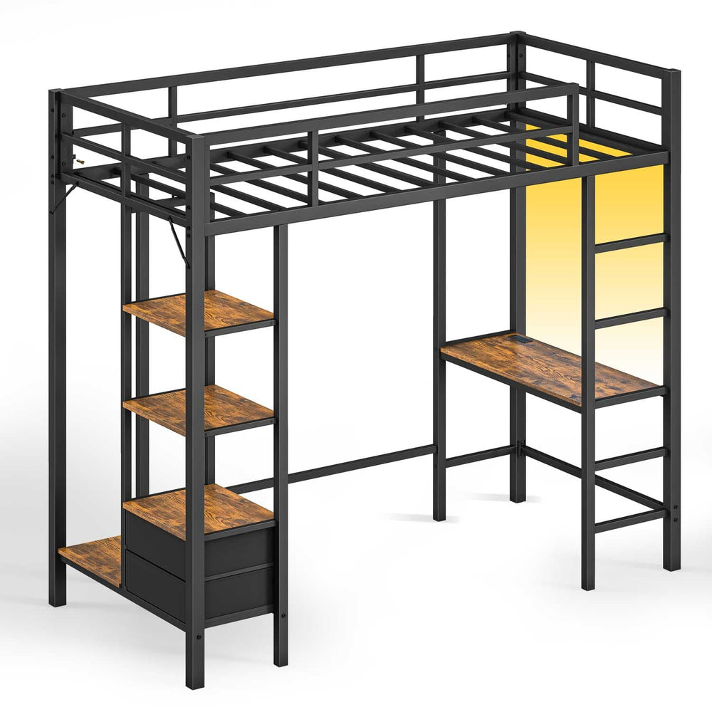 Sikaic Bed Frame LED Loft Twin Bed Frame with Desk Black Black / Metal / Modern