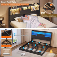 Sikaic Bed Frame Queen Floating Bed Frame with LED Lights and Headboard Storage Black Black / Queen / Engineered Wood