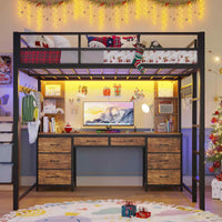 Sikaic Bed Frame Full Metal Loft LED Bed Frame with 8 Storage Drawers & Charging Station and 4 Open Storage Shelves Brown Brown / Full Size / Steel