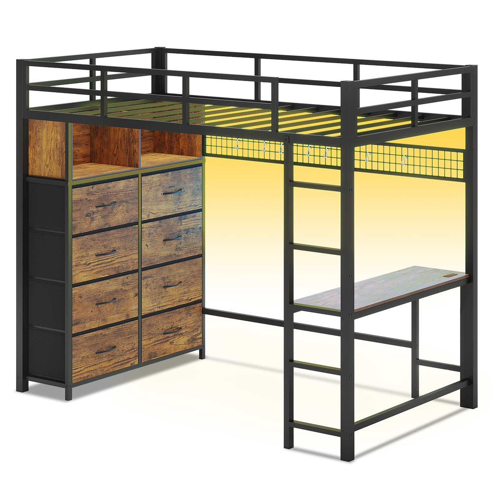 Sikaic Bed Frame Twin Loft LED Bed Frame Brown Brown / Steel / Modern