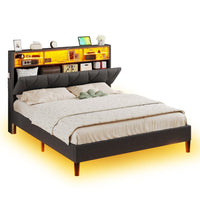 Sikaic Bed Frame LED Queen Size Bed Frame with Headboard Hidden Storage Grey Dark Grey / Modern