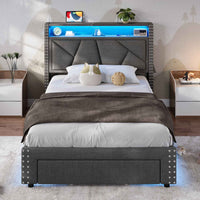 Sikaic Bed Frame Twin Size LED Upholstered Platform Bed Frame with Charging Station and Shelf Headboard & 2 Storage Drawers Dark Grey Dark Grey / Twin Size / Engineered Wood