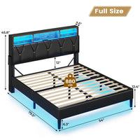 Sikaic Bed Frame Faux Leather LED Bed Frame with Outlets and Storage Headboard Black