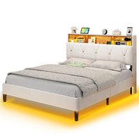 Sikaic Bed Frame Faux Leather LED Bed Frame with Storage Headboard White