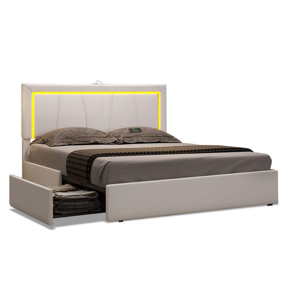 Sikaic Bed Frame Faux Leather Platform Bed Frame with LED Headboard White