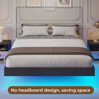 Sikaic Bed Frame Floating Bed Frame Linen Upholstered Platform with LED Lights Underbed Storage Space No Box Spring Needed Dark Grey