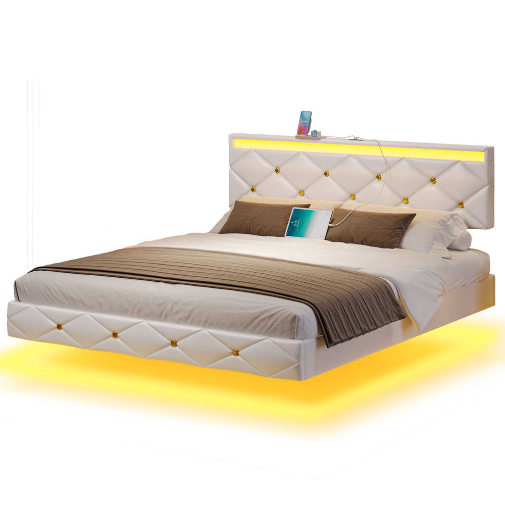 Sikaic Bed Frame Floating LED Bed Frame White