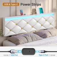 Sikaic Bed Frame Floating LED Bed Frame with Outlets Leather Upholstered Headboard White