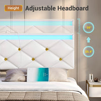 Sikaic Bed Frame Floating LED Bed Frame with Outlets Leather Upholstered Headboard White
