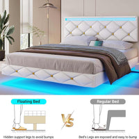 Sikaic Bed Frame Floating LED Bed Frame with Outlets Leather Upholstered Headboard White