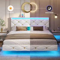 Sikaic Bed Frame Floating LED Bed Frame with Outlets Leather Upholstered Headboard White