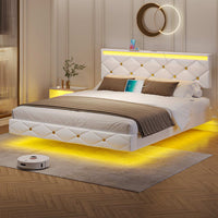 Sikaic Bed Frame Floating LED Bed Frame with Outlets Leather Upholstered Headboard White
