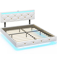 Sikaic Bed Frame Floating LED Bed Frame with Outlets Leather Upholstered Headboard White