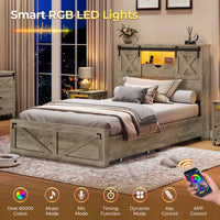 Sikaic Bed Frame Twin Size Bed Frame with 2 Storage Drawers and LED Lights Rustic Oak Grey / Engineered Wood / Farmhouse