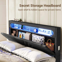 Sikaic Bed Frame LED Bed Frame with Charging Station Storage Headboard Black