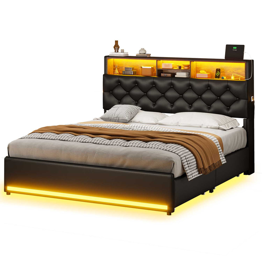 Sikaic Bed Frame LED Bed Frame with Storage Headboard Black
