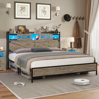 Sikaic Bed Frame LED Farmhouse Platform Bed Frame with Charging Station Storage Headboard Sliding Barn Door Grey