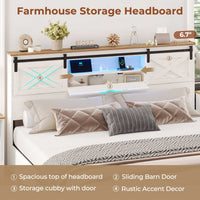 Sikaic Bed Frame LED Farmhouse Wooden Platform Bed Frame With Charging Station 2 Drawers & Storage Headboard Sliding Barn Door White