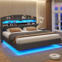Sikaic Bed Frame LED Floating Bed Frame with Charging Station Hidden Storage Dark Grey