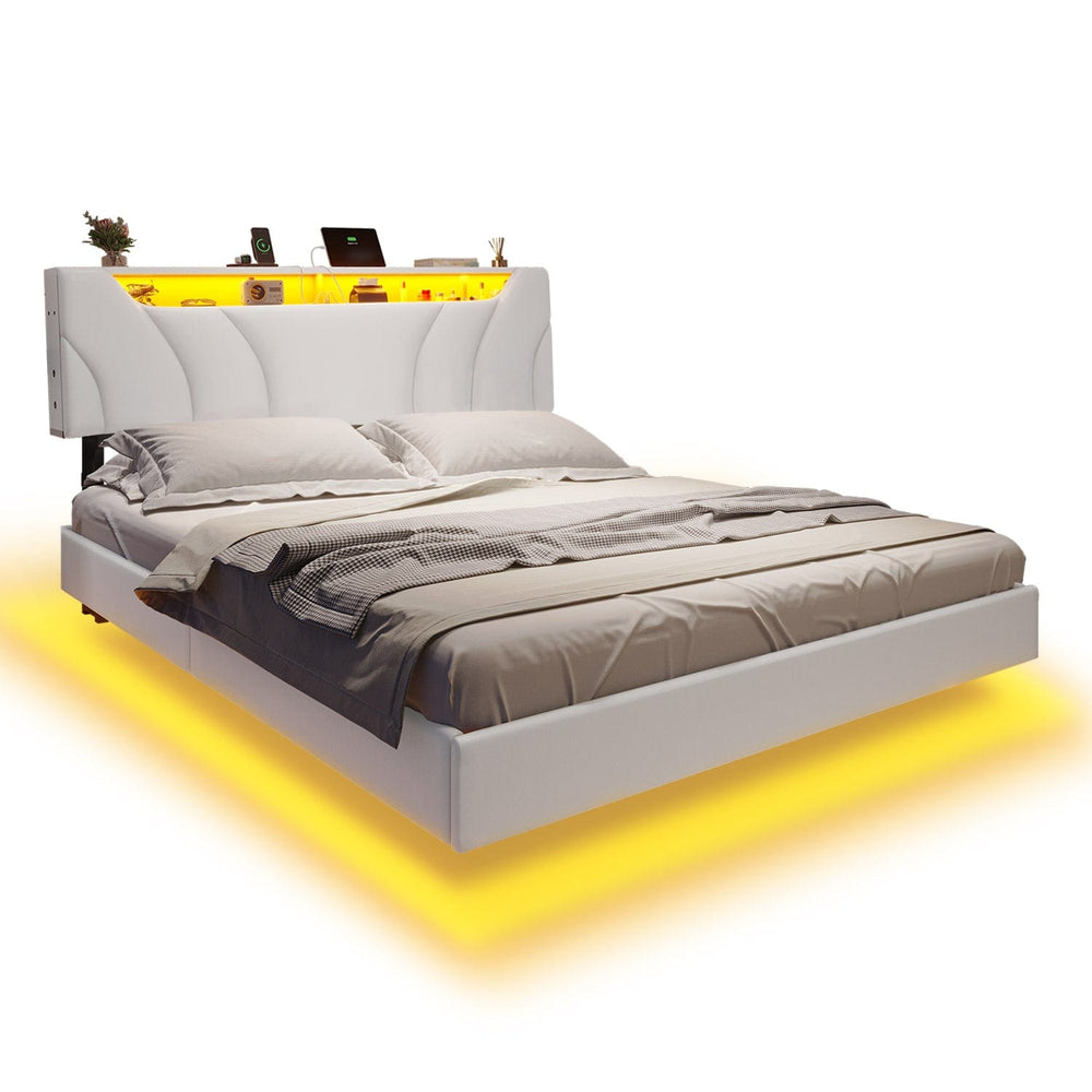 Sikaic Bed Frame LED Floating Upholstered Leather Platform Bed Frame White