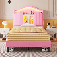Sikaic Bed Frame Twin Size LED Bed Frame with Charging Station and Storage Headboard Pink Pink / Engineered Wood / Modern