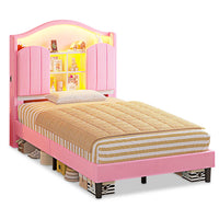 Sikaic Bed Frame Twin Size LED Bed Frame with Charging Station and Storage Headboard Pink Pink / Engineered Wood / Modern