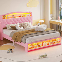 Sikaic Bed Frame Full Princess Velvet Upholstered LED Bed Frame Pink Pink / Full / Engineered Wood