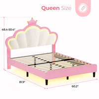 Sikaic Bed Frame Girls Queen Bed Frame with Princess Crown and LED Velvet Upholstered Platform Pink Pink / Queen / Engineered Wood