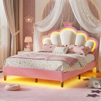 Sikaic Bed Frame Girls Queen Bed Frame with Princess Crown and LED Velvet Upholstered Platform Pink Pink / Queen / Engineered Wood