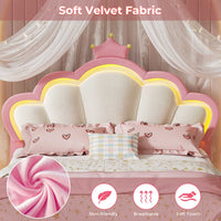 Sikaic Bed Frame Girls Queen Bed Frame with Princess Crown and LED Velvet Upholstered Platform Pink Pink / Queen / Engineered Wood