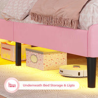 Sikaic Bed Frame Girls Twin Bed Frame with Princess Crown and LED Velvet Upholstered Platform Pink Pink / Twin / Engineered Wood